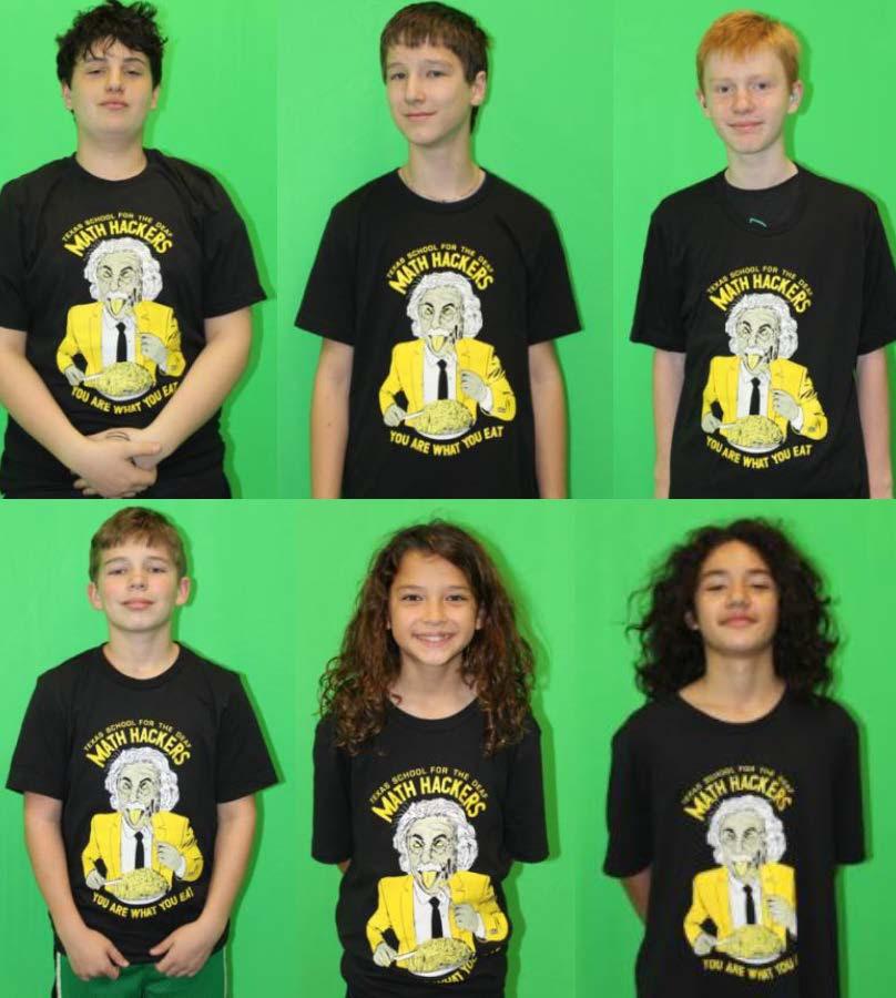Six math hacker competitors wearing black tee shirt with a yellow image of Albert Einstein with text that reads Texas School for the Deaf Math Hackers You Are What You Eat.