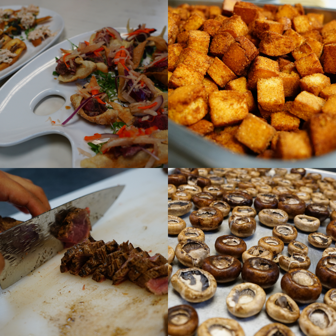The photo has 4 grids on types of food. Top left: An appetizer plate. Top right: Cubed potatoes seasoned with spices. Bottom left: A chef knife cuts the meat and the meat has pink in the middle. Bottom right: Stuffed mushrooms.